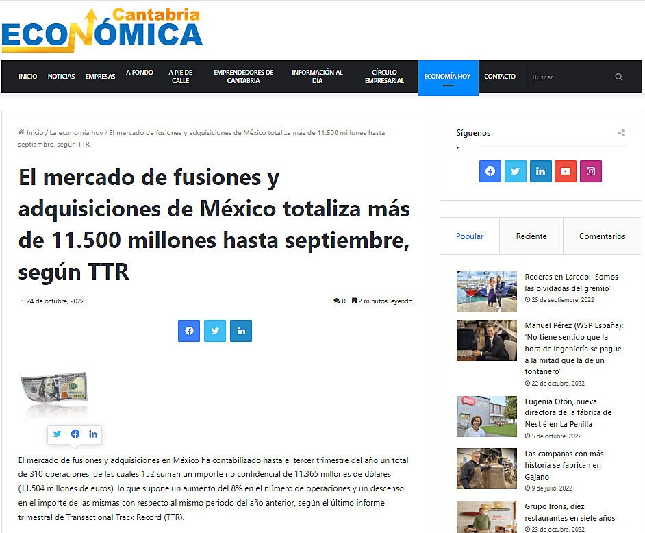 El mercado de fusiones y adquisiciones de Mxico totaliza ms de 11.500 millones hasta septiembre, segn TTR